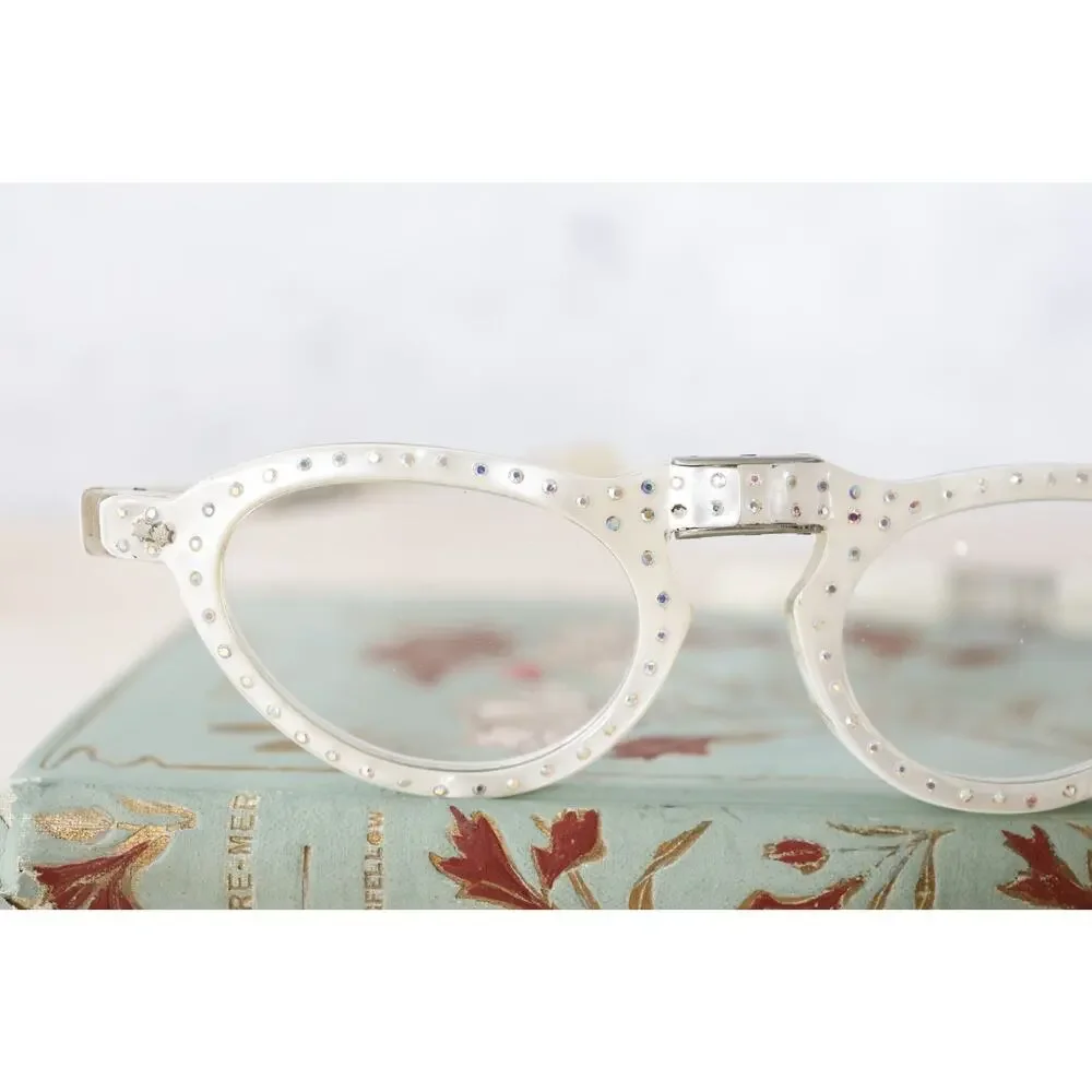 VTG Folding Cat Eye Eyeglasses Rhinestones Mother of Pearl France PARTS REPAIR